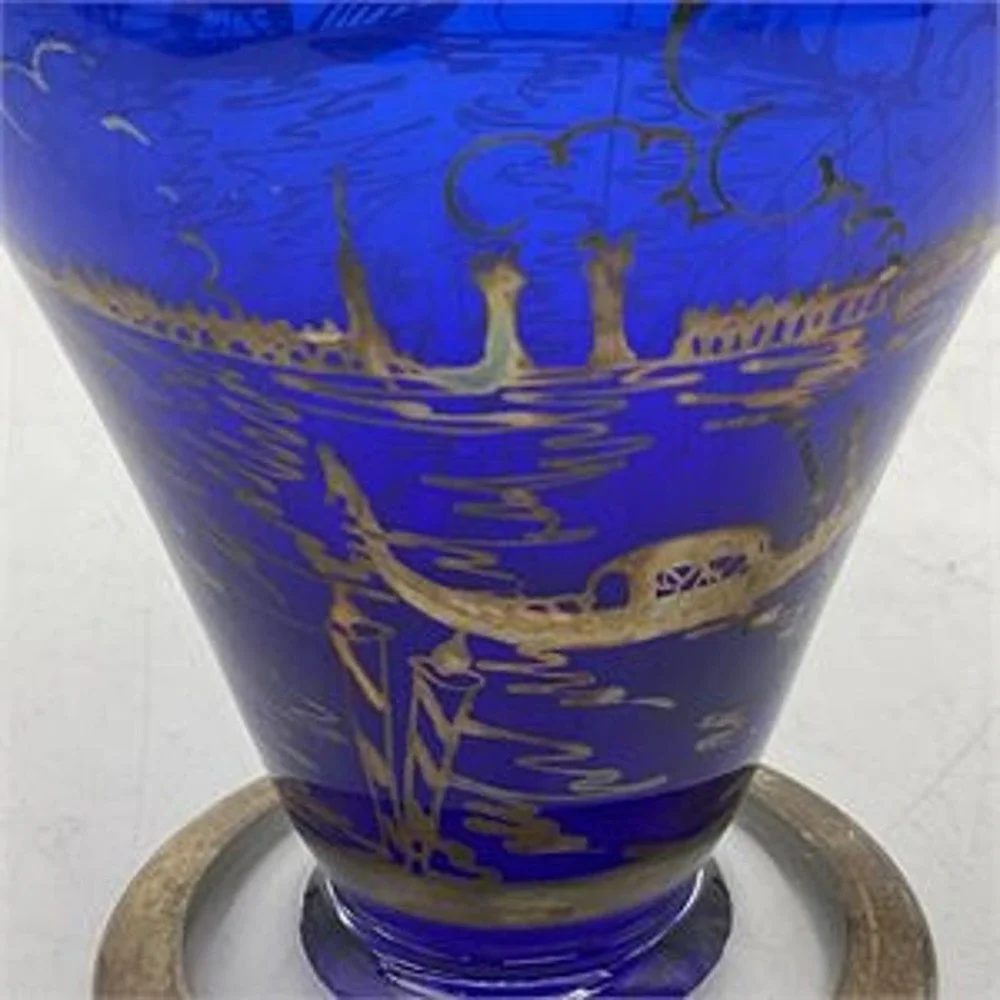Vintage Cobalt Blue Glass Decanter Silver Overlay Venetian Gondola & Stopper